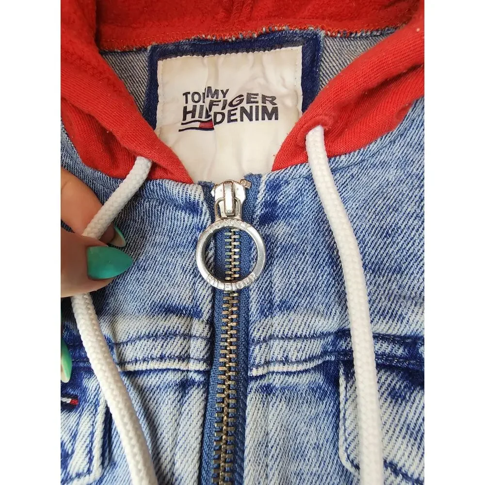 Tommy Hilfiger Denim Hoodie Jacket Vest Hybrid Womens XS Red Grey Y2K Trend